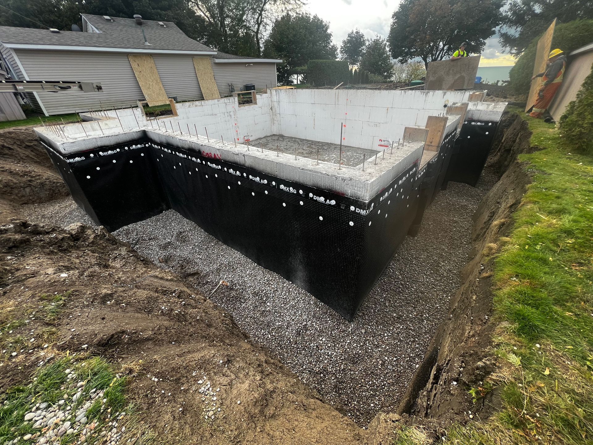 A construction site of ICF foundation that JD Waterproofing has completed the waterproof membrane installation.