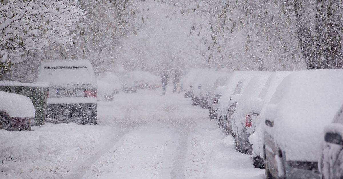 A snowstorm creates whiteout conditions on a residential roadway where cars are parked.