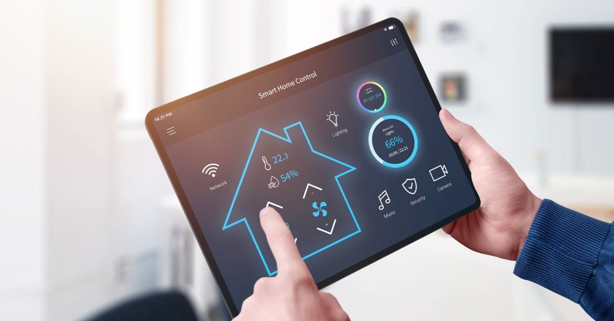 A tablet screen displaying smart home controls, temperature, music, and network options.