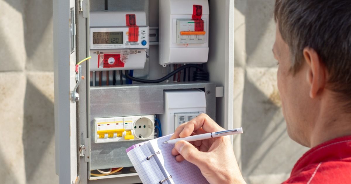 Over-the-shoulder view of a man standing in front of an open electric meter, writing in a notebook.