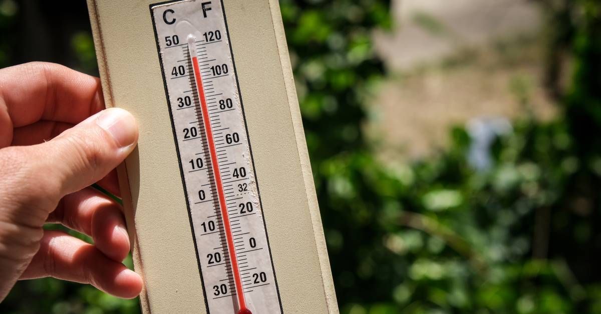 A close-up of a man holding a thermometer outside, with the red bar reaching over 110 degrees Fahren