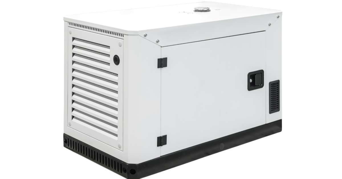 A white whole home generator unit facing a side with a closed control panel door.