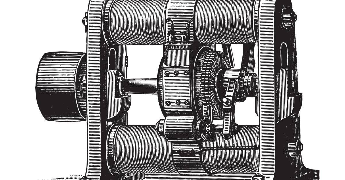 A vintage illustration of a dynamo machine invented by Zenobe Gramme in 1870. The device rotates mag