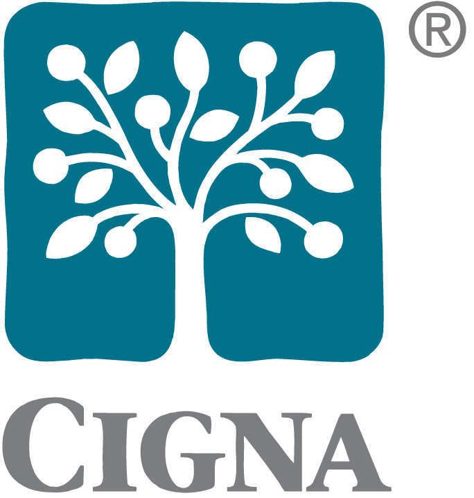 The cigna logo is a tree with leaves in a blue square.