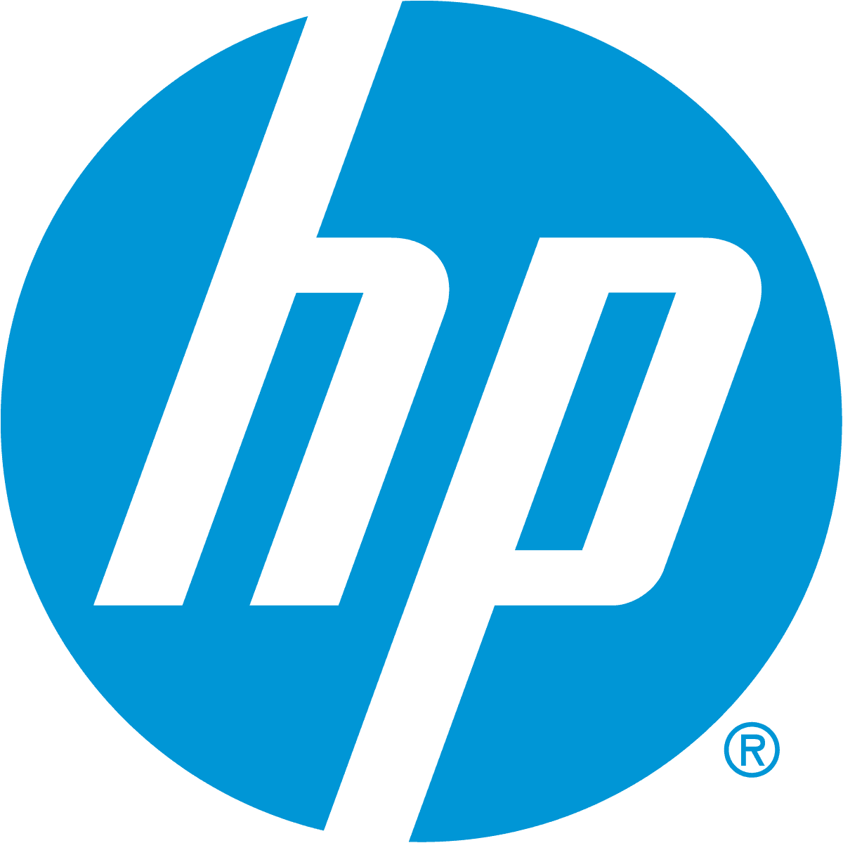 A blue and white hp logo on a white background