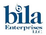 A blue and white logo for bila enterprises llc.