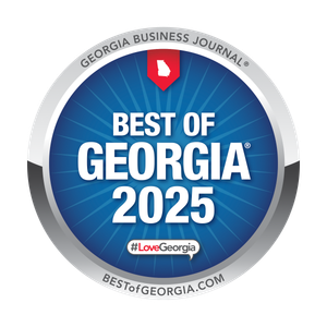 Best of Georgia 2025 award badge with blue background, silver trim, and Georgia outline. 