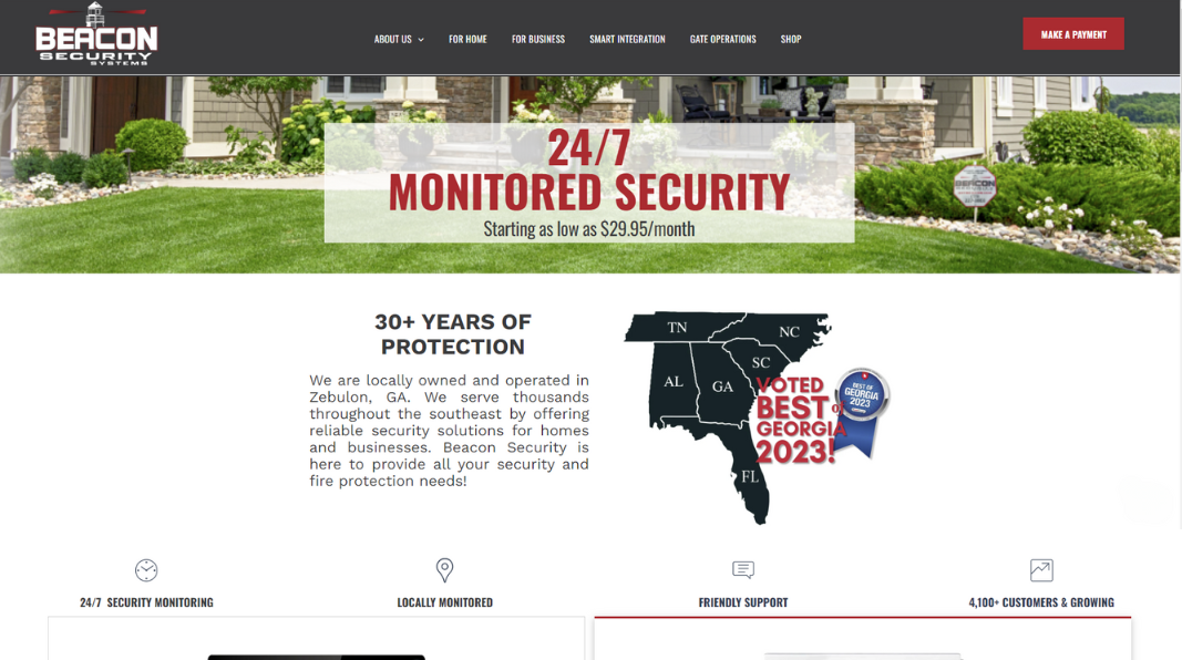 Beacon Security website homepage featuring 24/7 monitored security and a map of service areas.