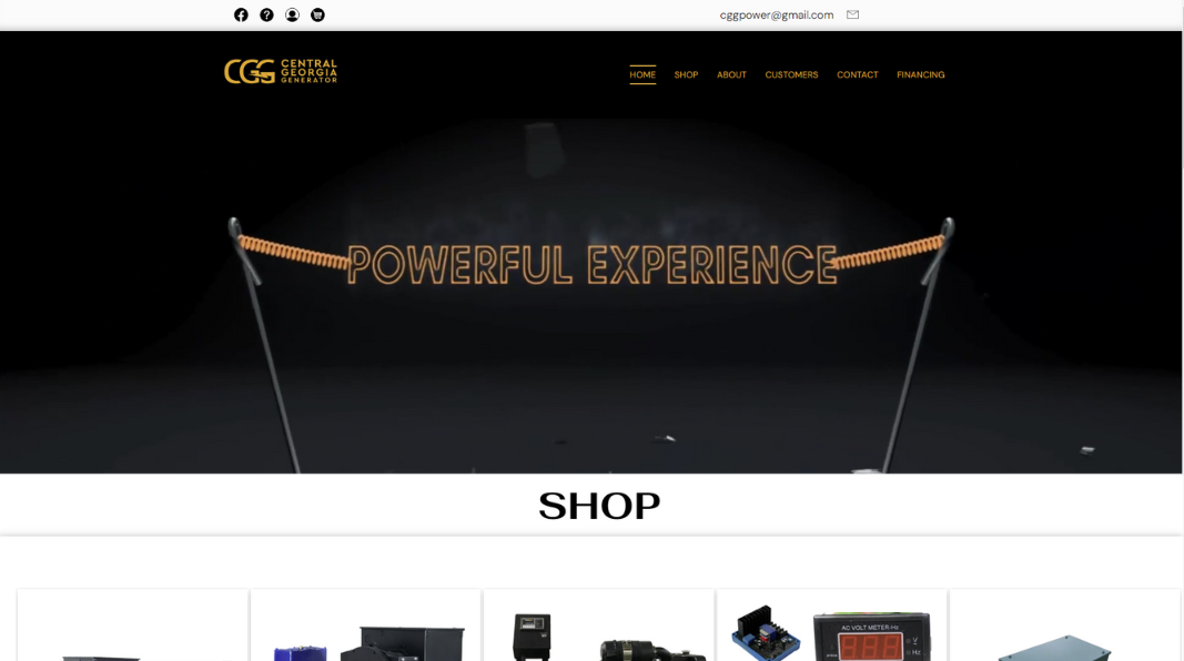 Website homepage with "POWERFUL EXPERIENCE" text illuminated, and a shop selection below.