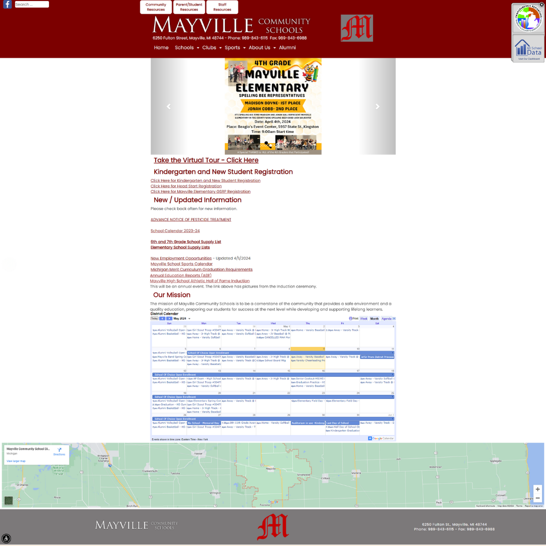 Mayville Elementary School website homepage, with school logo and announcements.