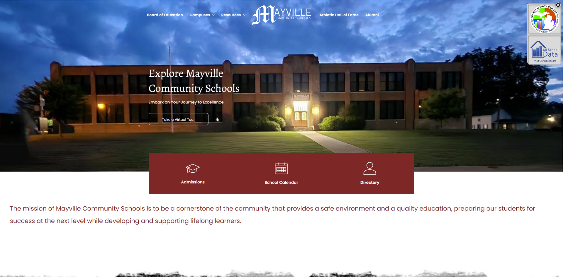 Night exterior of a school building with a burgundy colored navigation bar below and icons for menu selections.