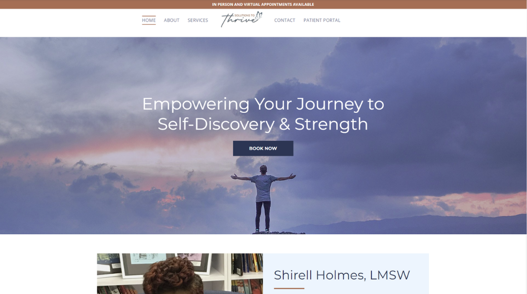 Man with arms outstretched under text "empowering Your Journey to Self-Discovery & Strength" over cloudy sky.