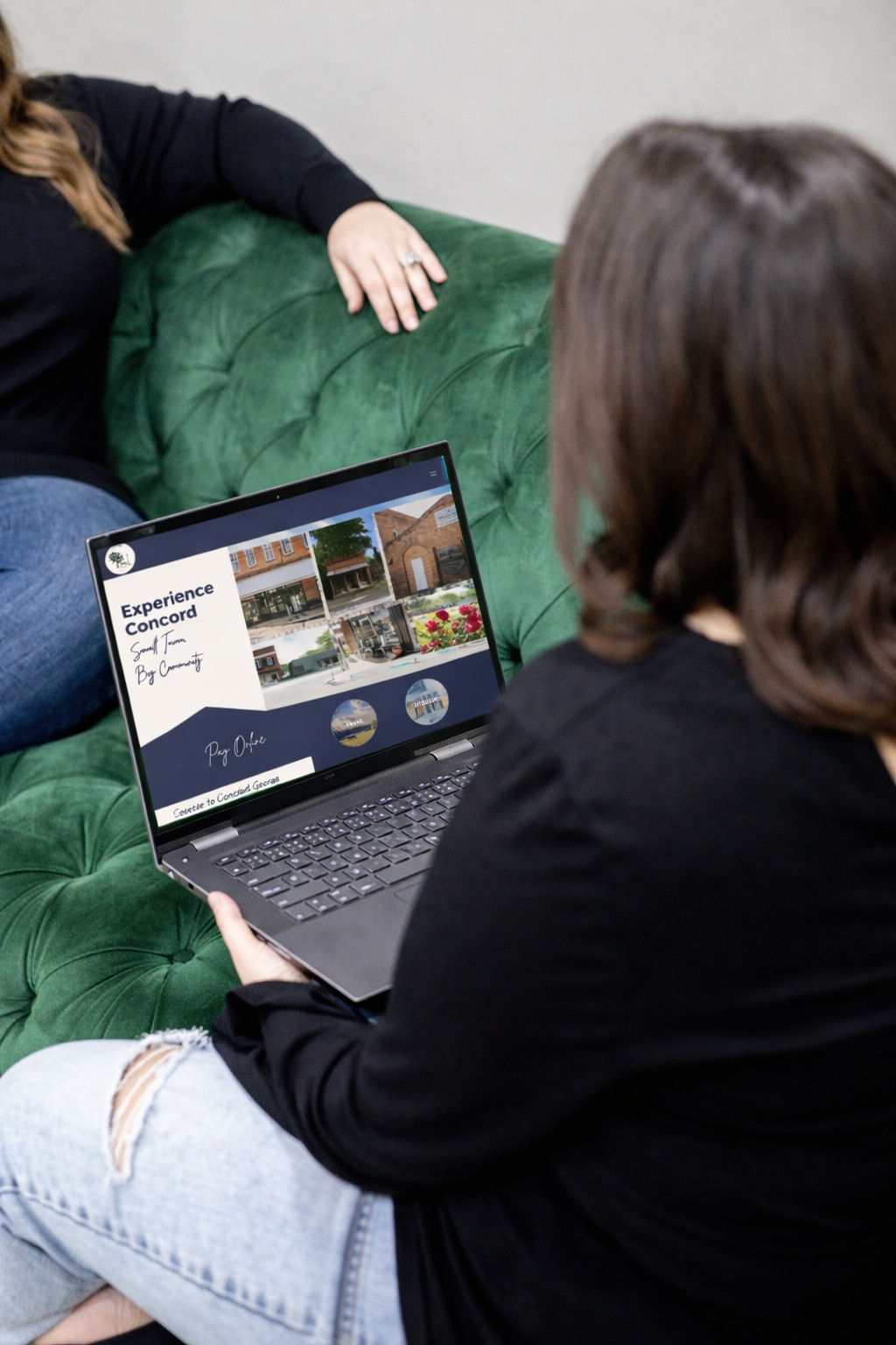 Person using a laptop, browsing a website with a canyon image on it.