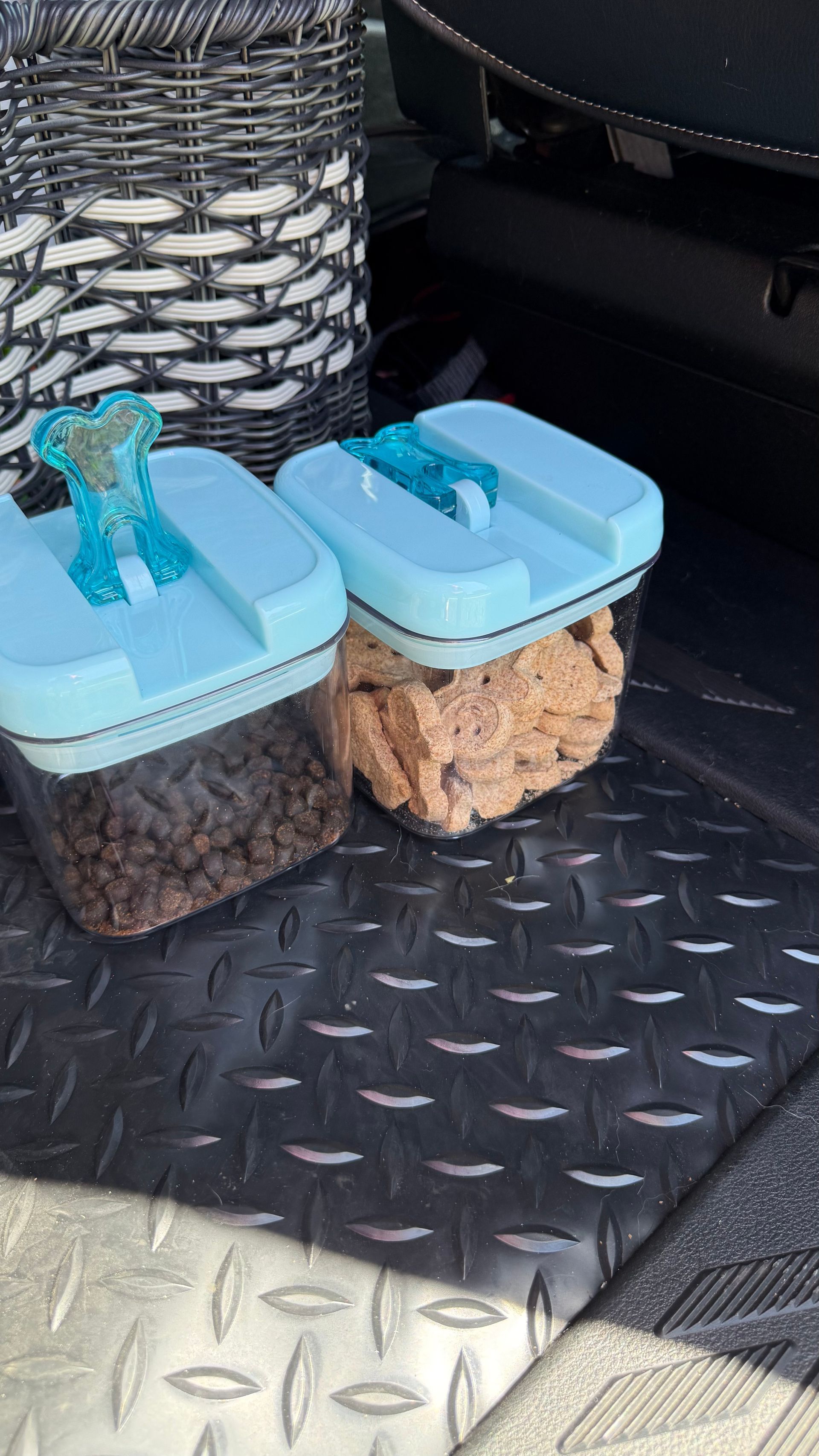 Two containers of food are sitting on the trunk of a car.
