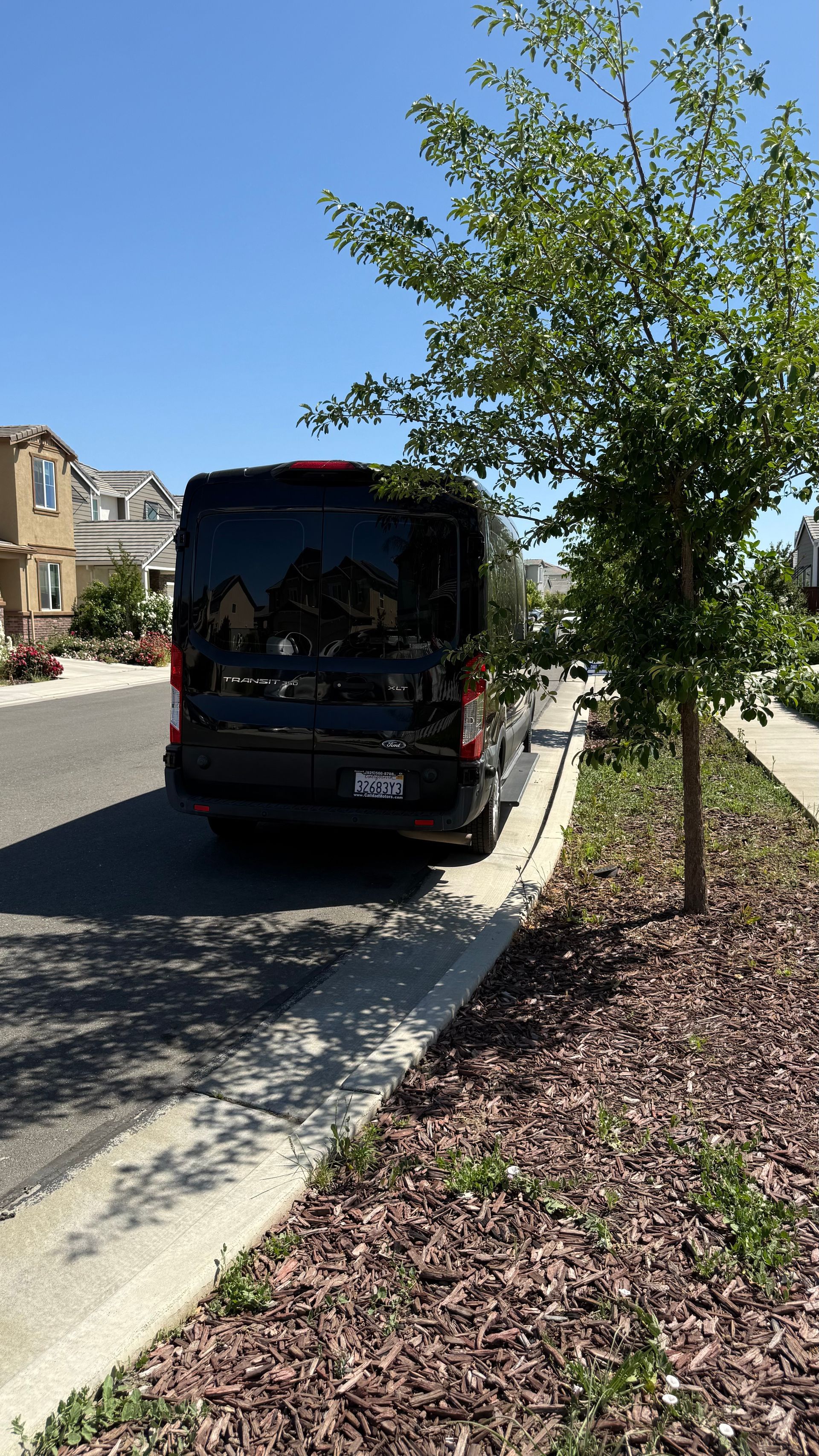 A black van is parked on the side of the road next to a tree.