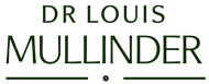 DR LOUIS MULLINDER, in dark green font. A horizontal line with a dot beneath the 