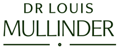 Home Page DR LOUIS MULLINDER, in dark green font. A horizontal line with a dot beneath the