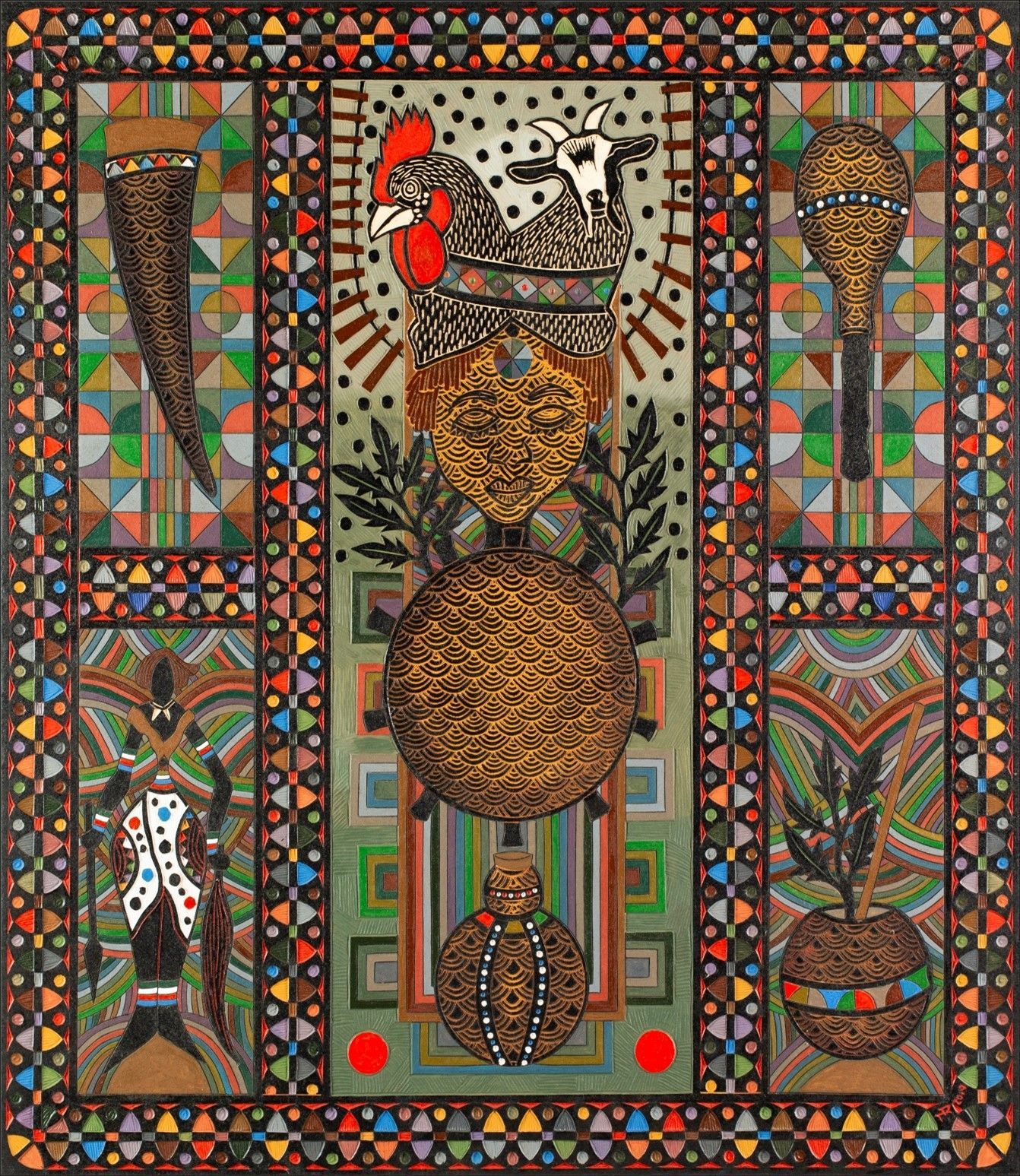 Colorful  african art composition with a rooster, gourds, and patterned borders
