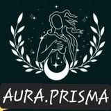 Mujer con cabello suelto, luna creciente y estrellas en un círculo verde oscuro, dibujada con líneas blancas; el texto dice 