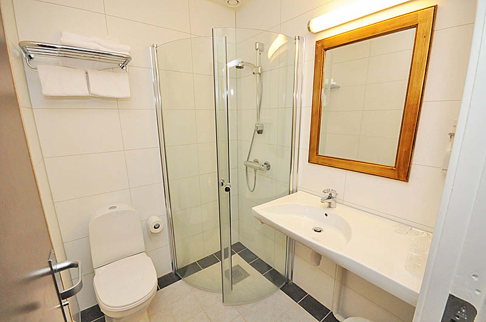 Et bad med toalett, vask og dusj.