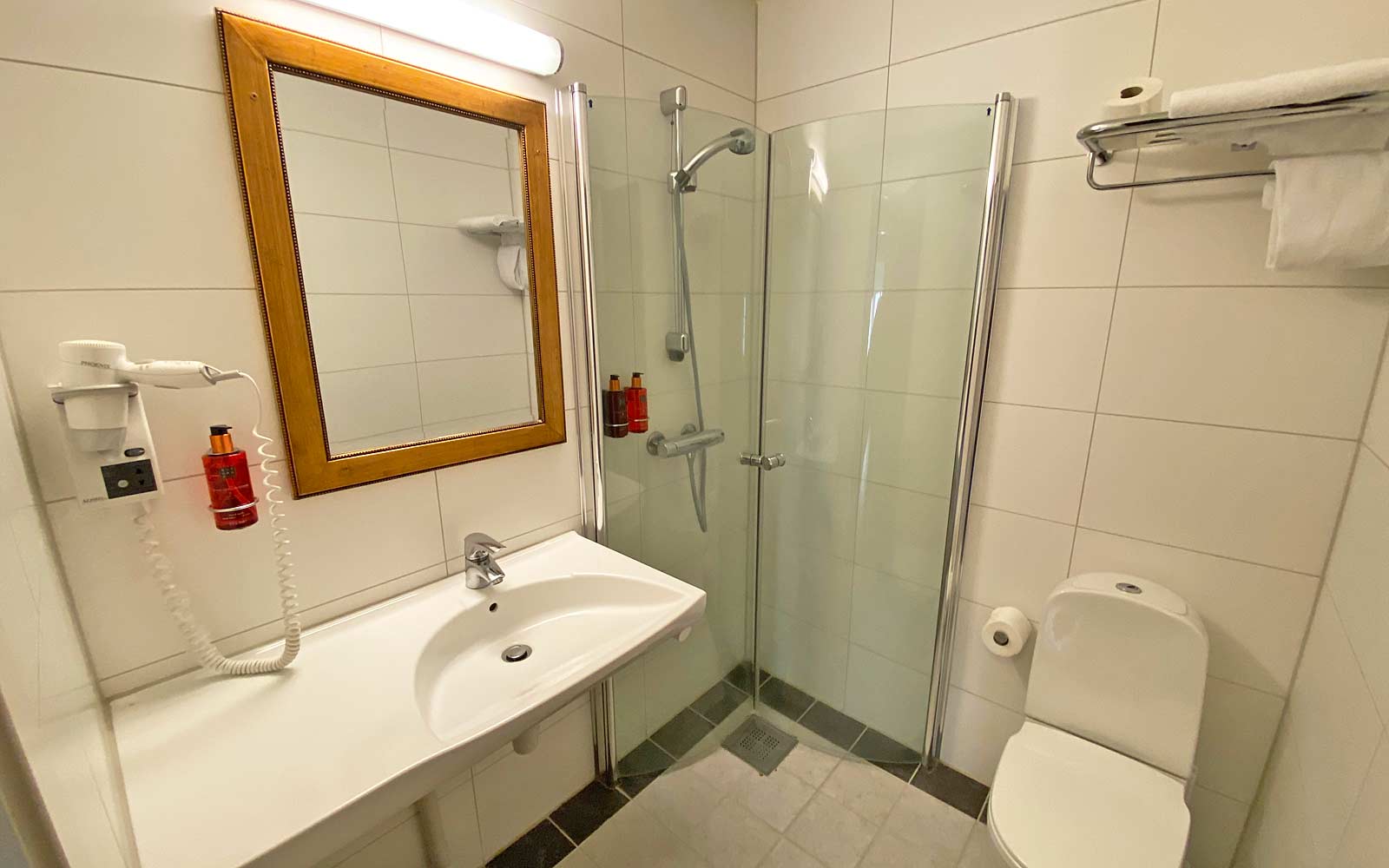 Bad med toalett, vask, speil og dusj.