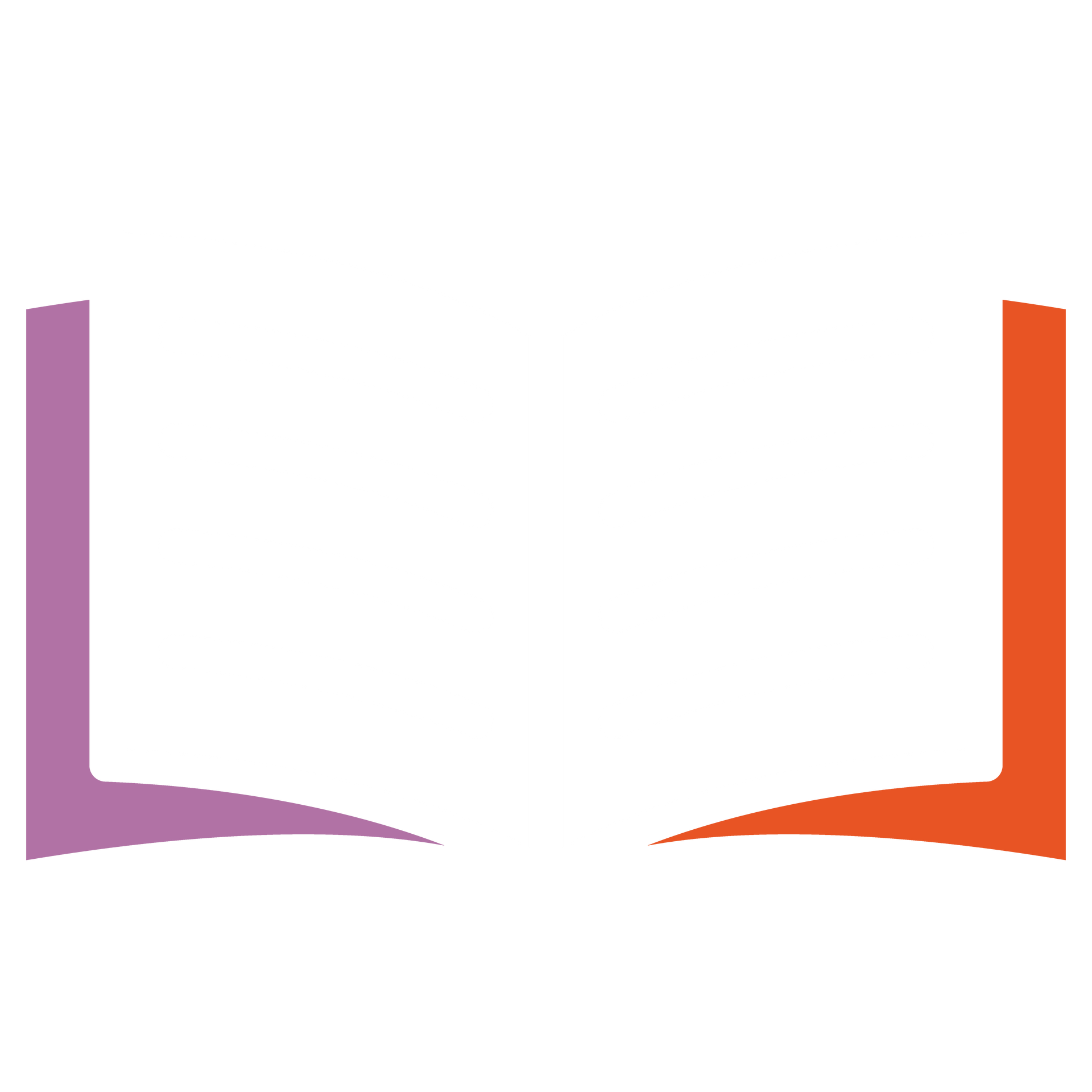 Paarse en oranje boekensteunen die samen een beugel vormen op een witte achtergrond.