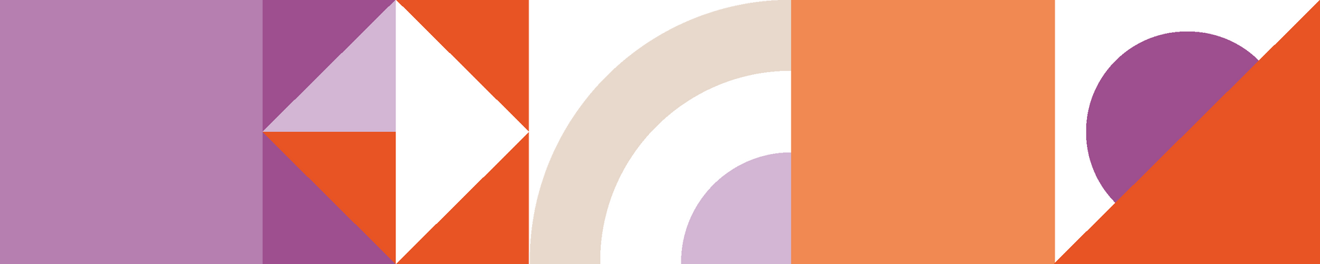 Abstract ontwerp met paarse, oranje en witte geometrische vormen en gebogen lijnen.