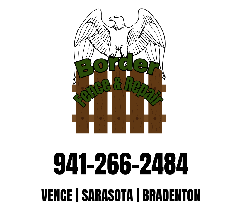 Logo for Border Fence & Repair featuring an eagle above a fence, phone number 941-266-2484, and service areas listed below.