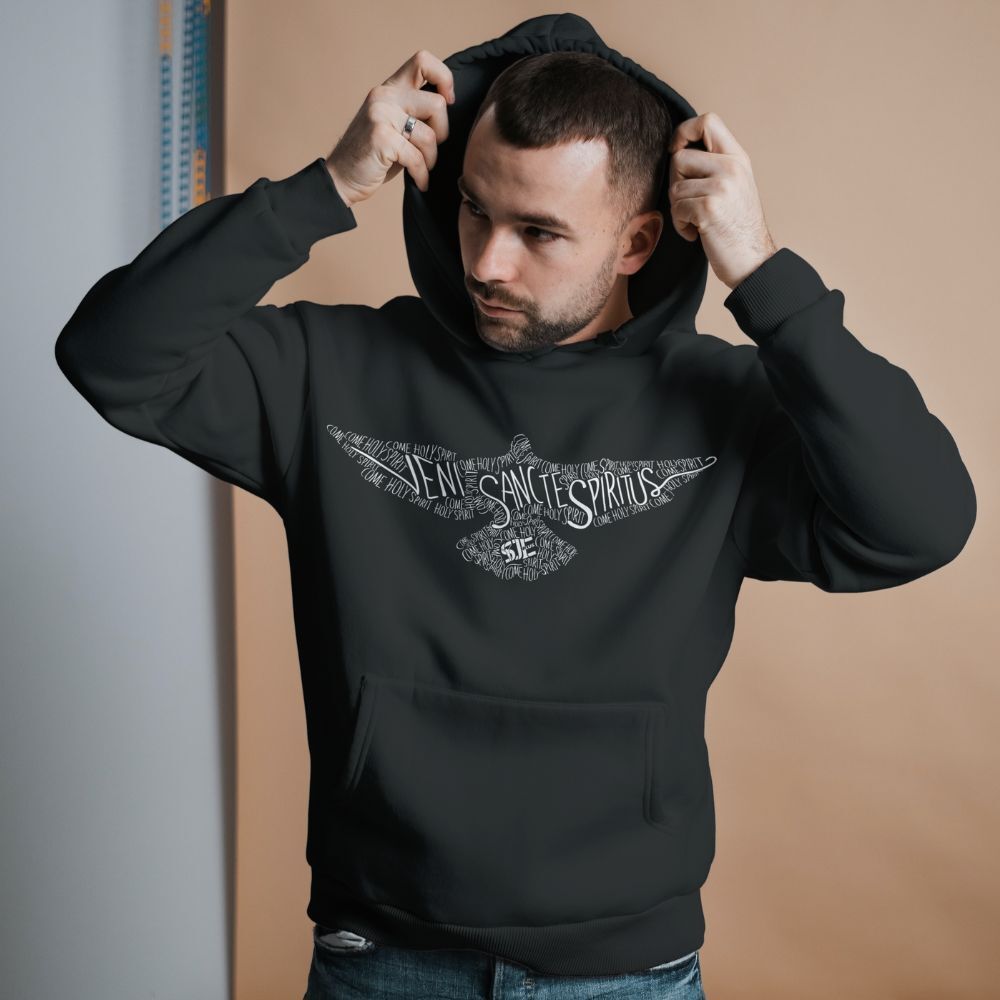 A man is wearing a black hoodie with an eagle on it. Come Holy Spirit. 