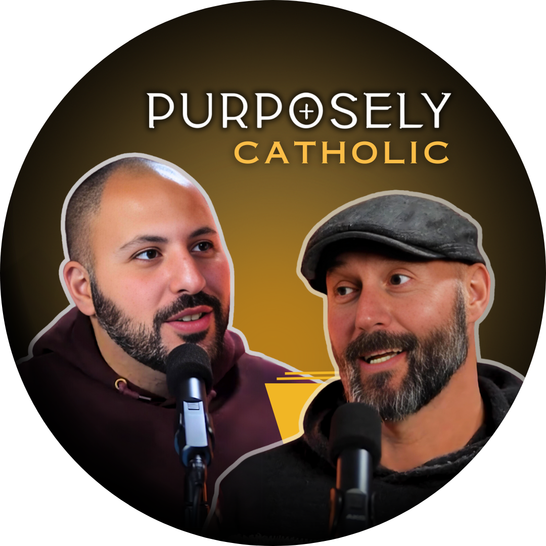 Two men are talking into microphones in a circle that says purposely catholic