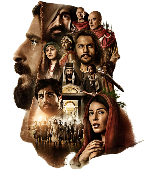 The chosen and a group of people are standing around a man with a beard. Jesus.