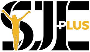 The logo for sje plus has a silhouette of a woman with her arms outstretched.