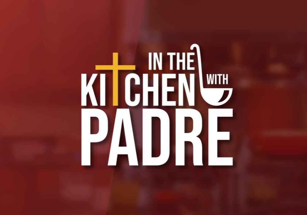 A logo for in the kitchen with padre with a cross and a bowl