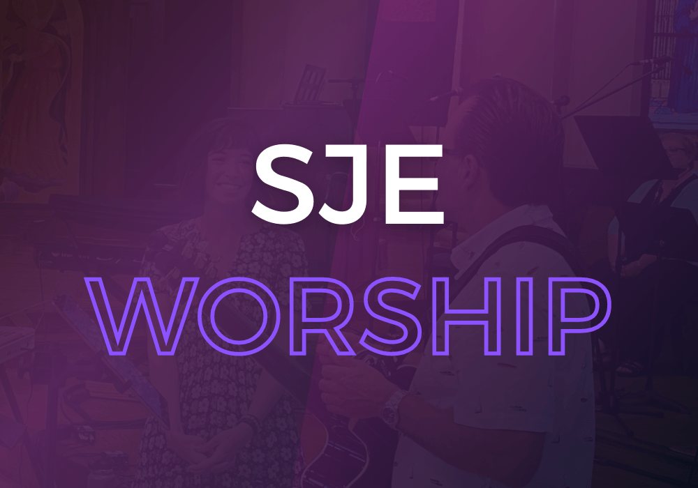 A purple background with the words sje worship on it.
