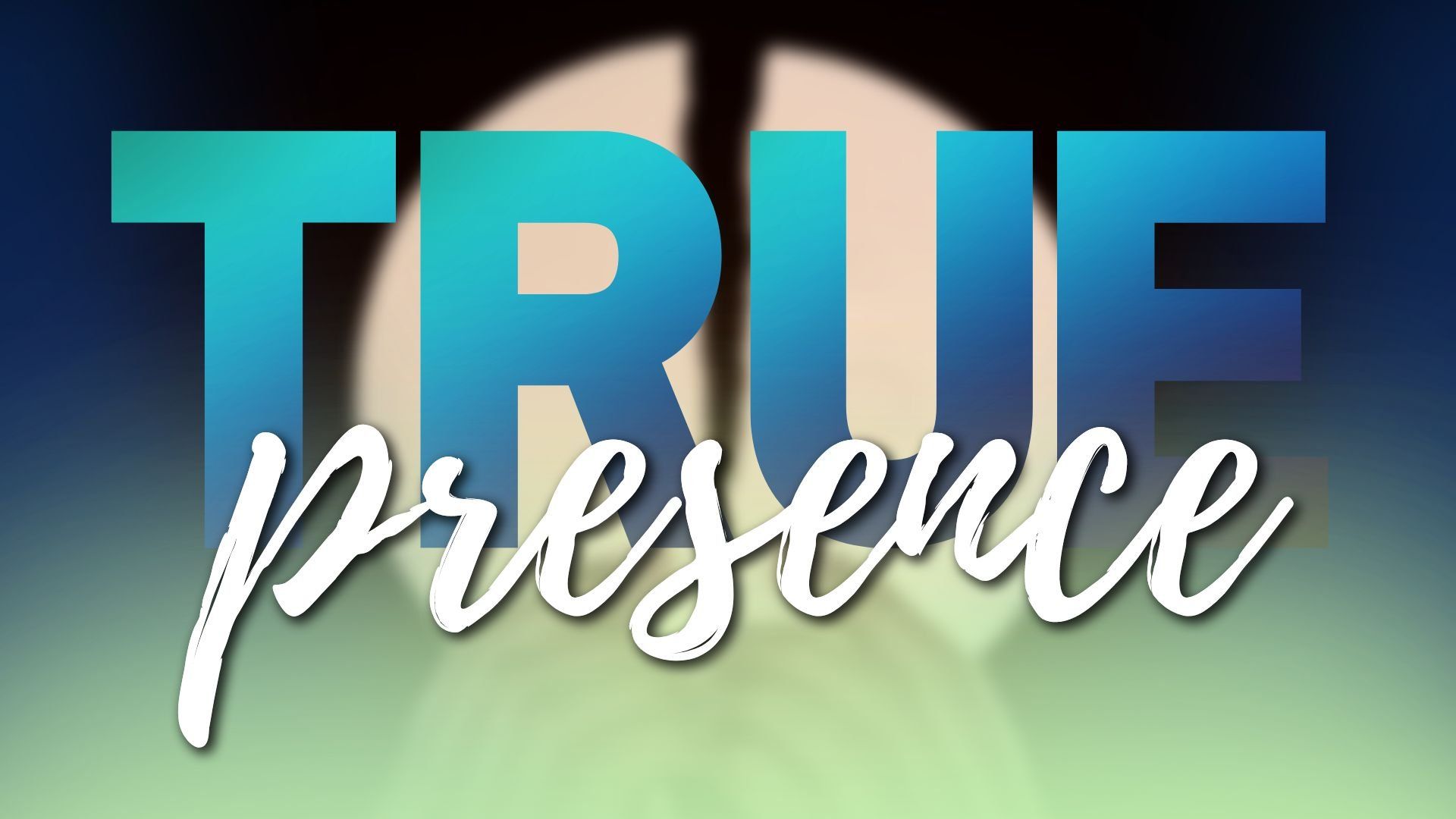 A blue and white sign that says true presence