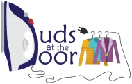 Puds at the Door logo with a purple door, hanging clothes, and a hand reaching toward them