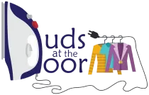 &ldquo;Duds at the Door&rdquo; logo with colorful clothes hanging on a rack and a stylized blue door.