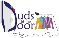 Puds at the Door logo with a purple door, hanging clothes, and a hand reaching toward them