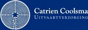 Blauw Catrien Coolsma uitvaartlogo met wit labyrintembleem en tekst
