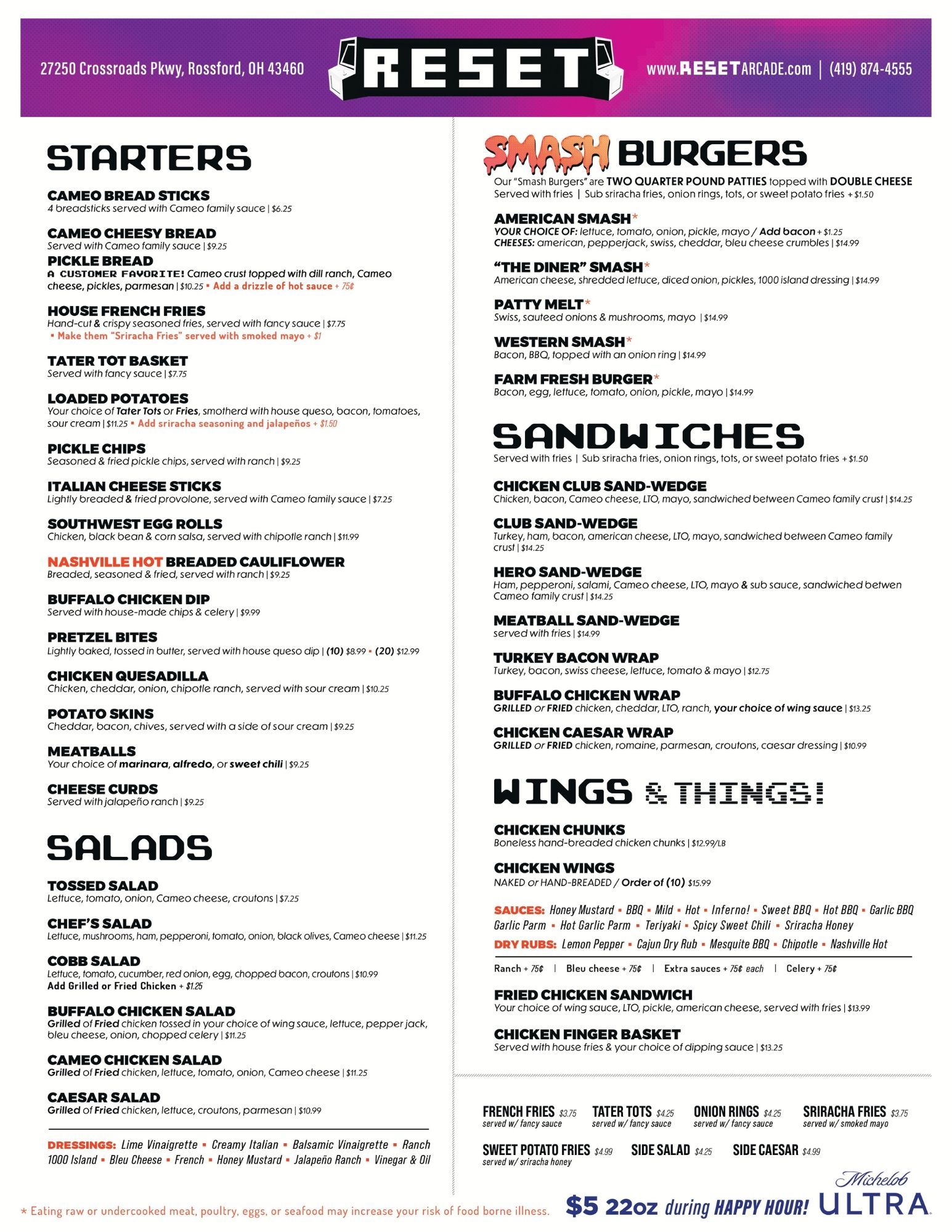 Cameo Reset Rossford Menu Side 1
