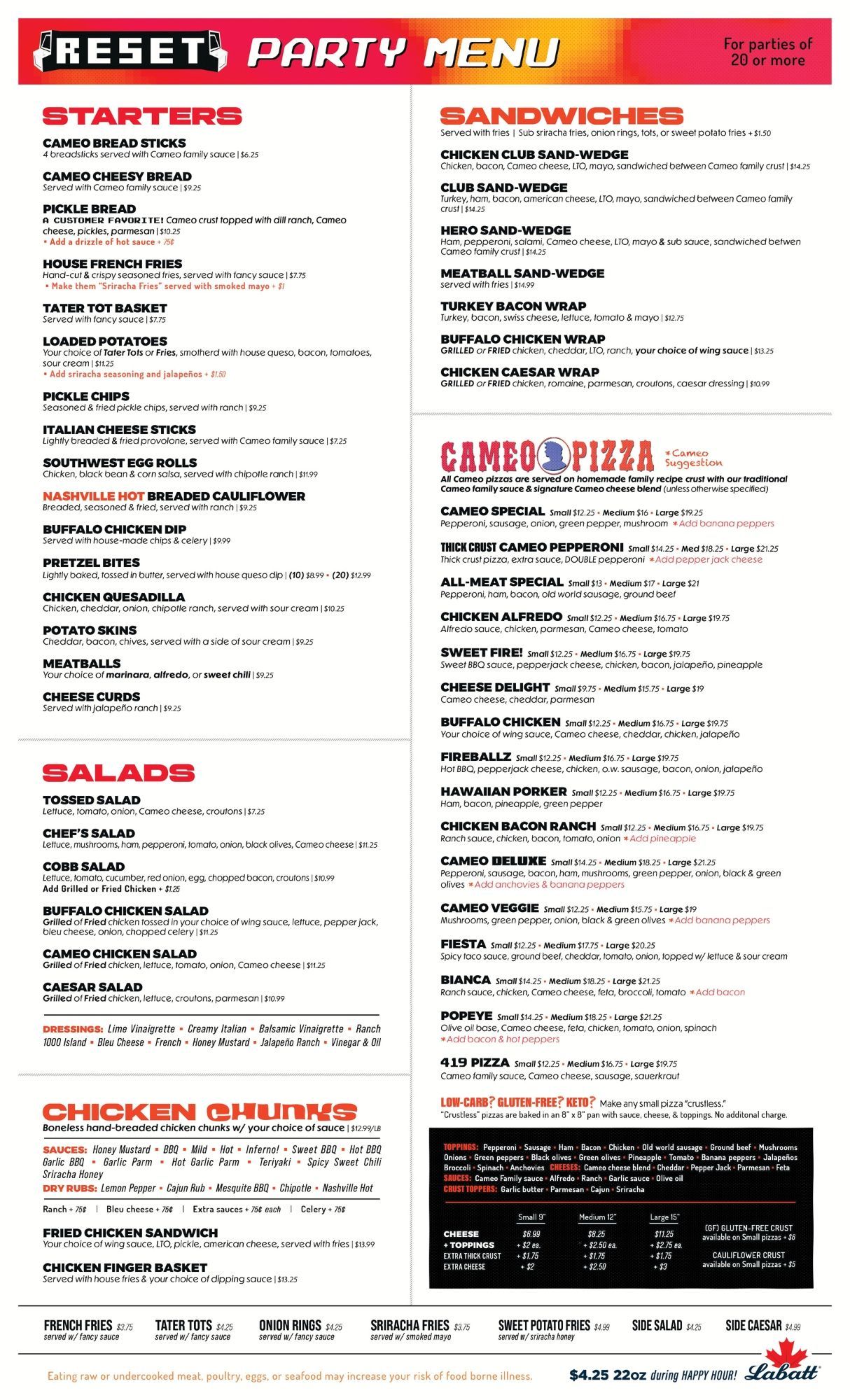Cameo Reset Rossford Party Menu for parties of 20 or more