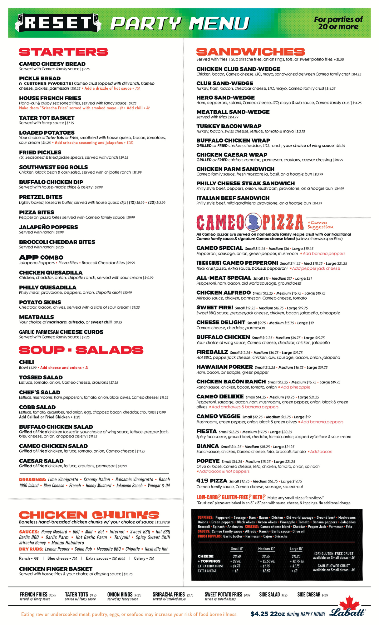Cameo Reset Rossford Party Menu for parties of 20 or more