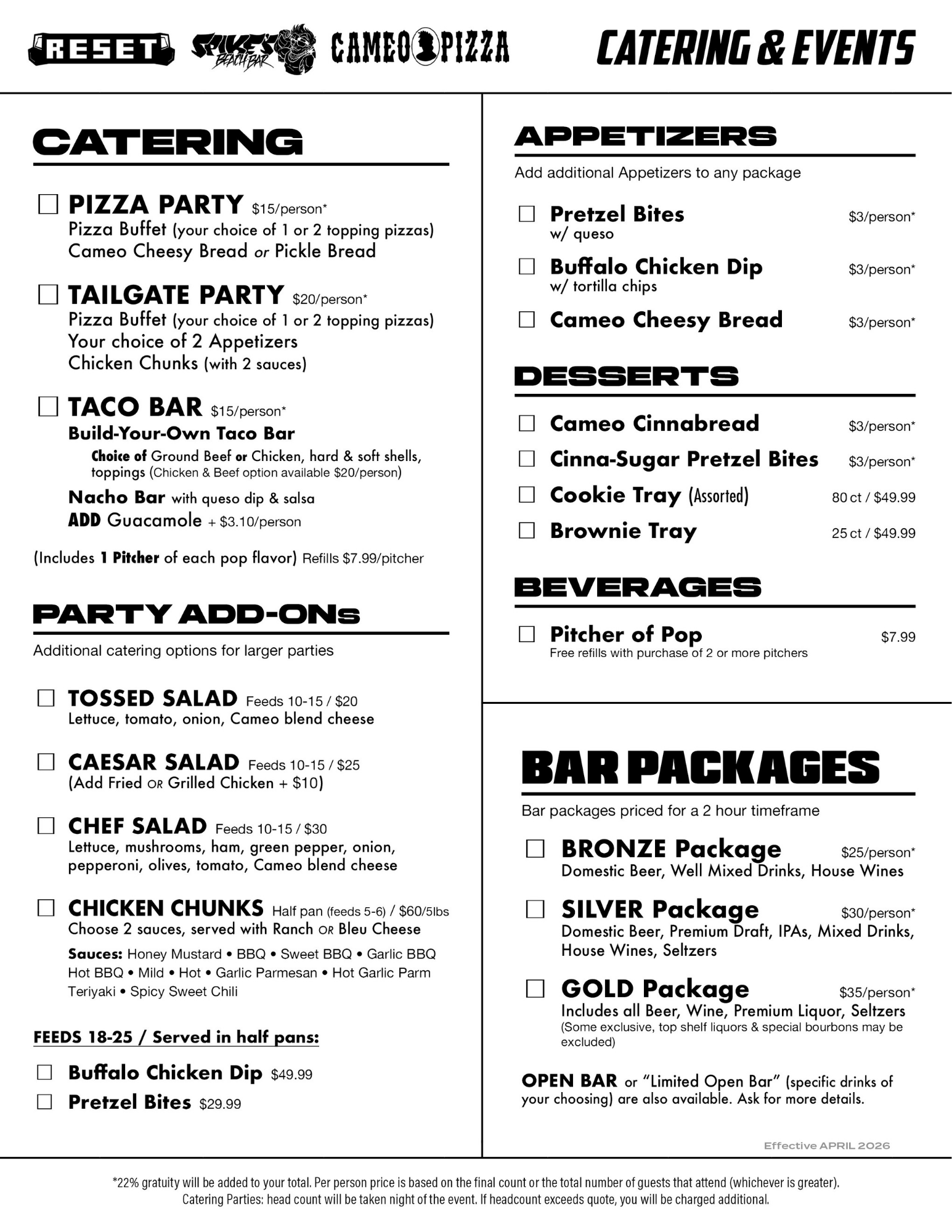 Reset Arcade Rossford Catering Menu