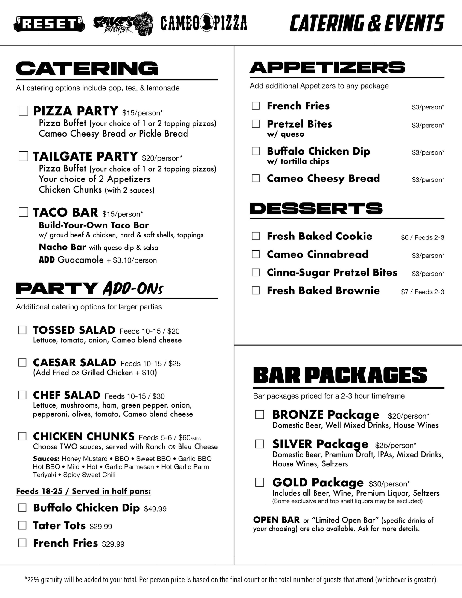Reset Arcade Rossford Catering Menu