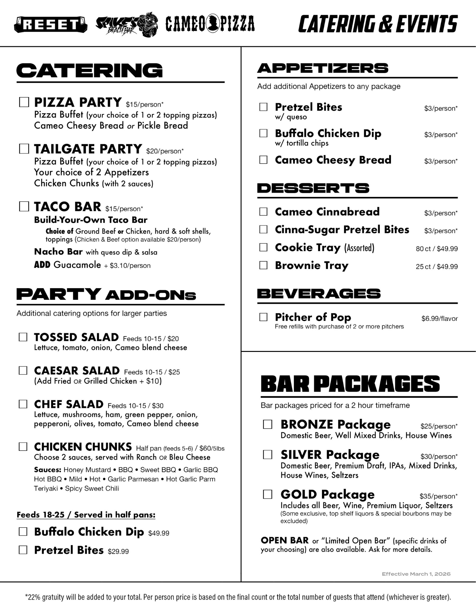 Reset Arcade Rossford Catering Menu