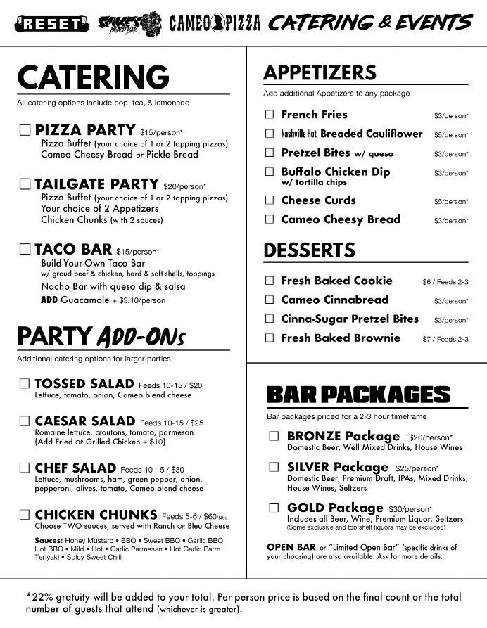 Reset Arcade Rossford Catering Menu