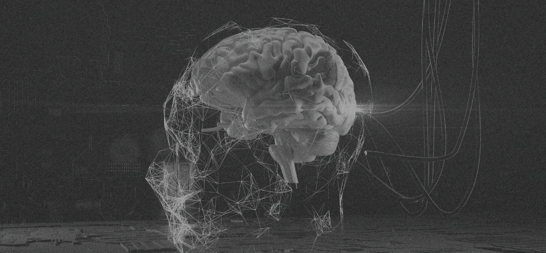 A black and white photo of a skull with a brain coming out of it.