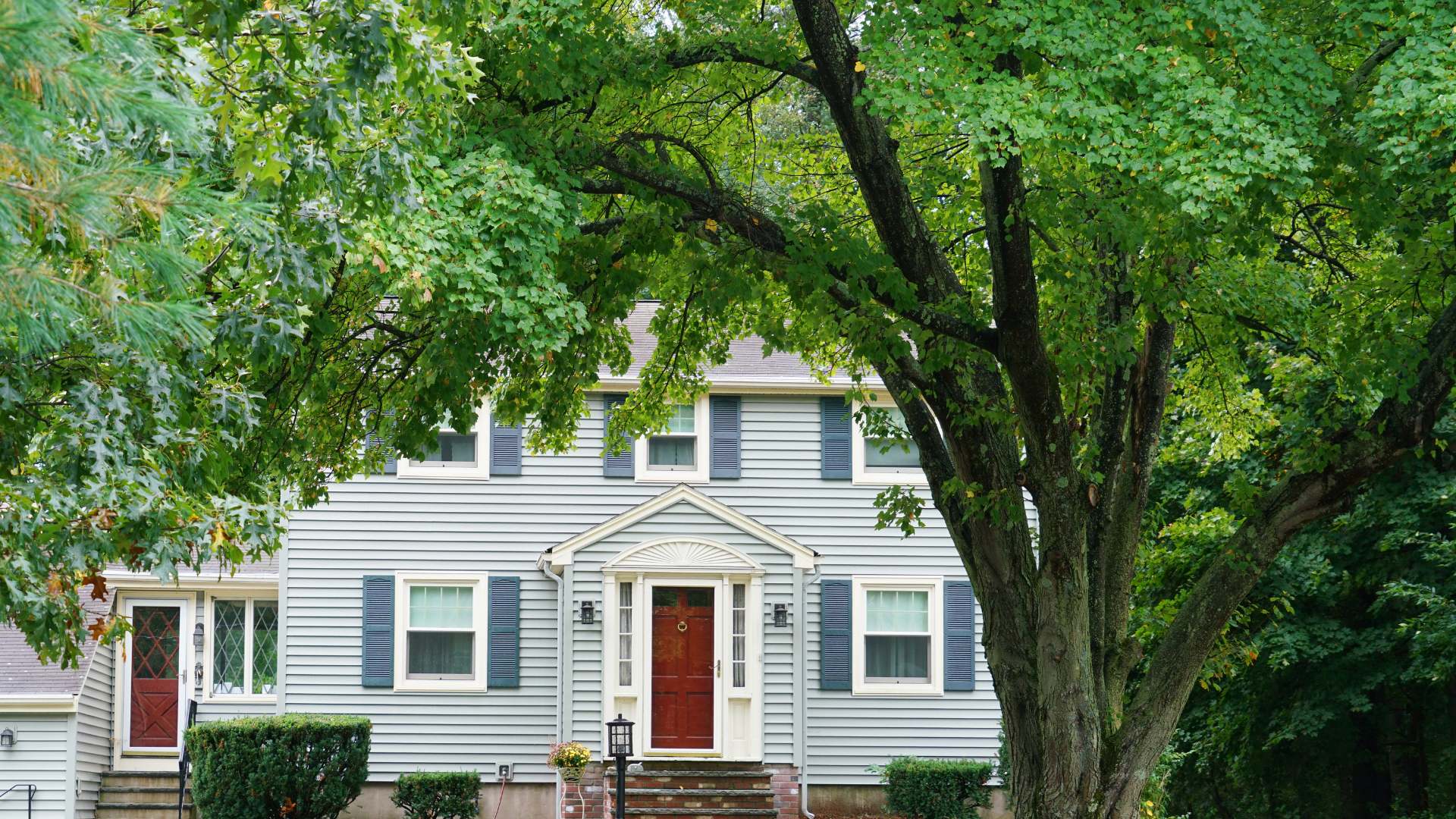 A two-story grey house with a red front door, framed by large green trees.