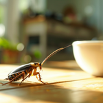 Cockroach on a wooden table near a white bowl; sunny interior with blurred background.