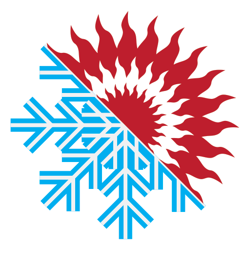 Red sun and blue snowflake split logo.